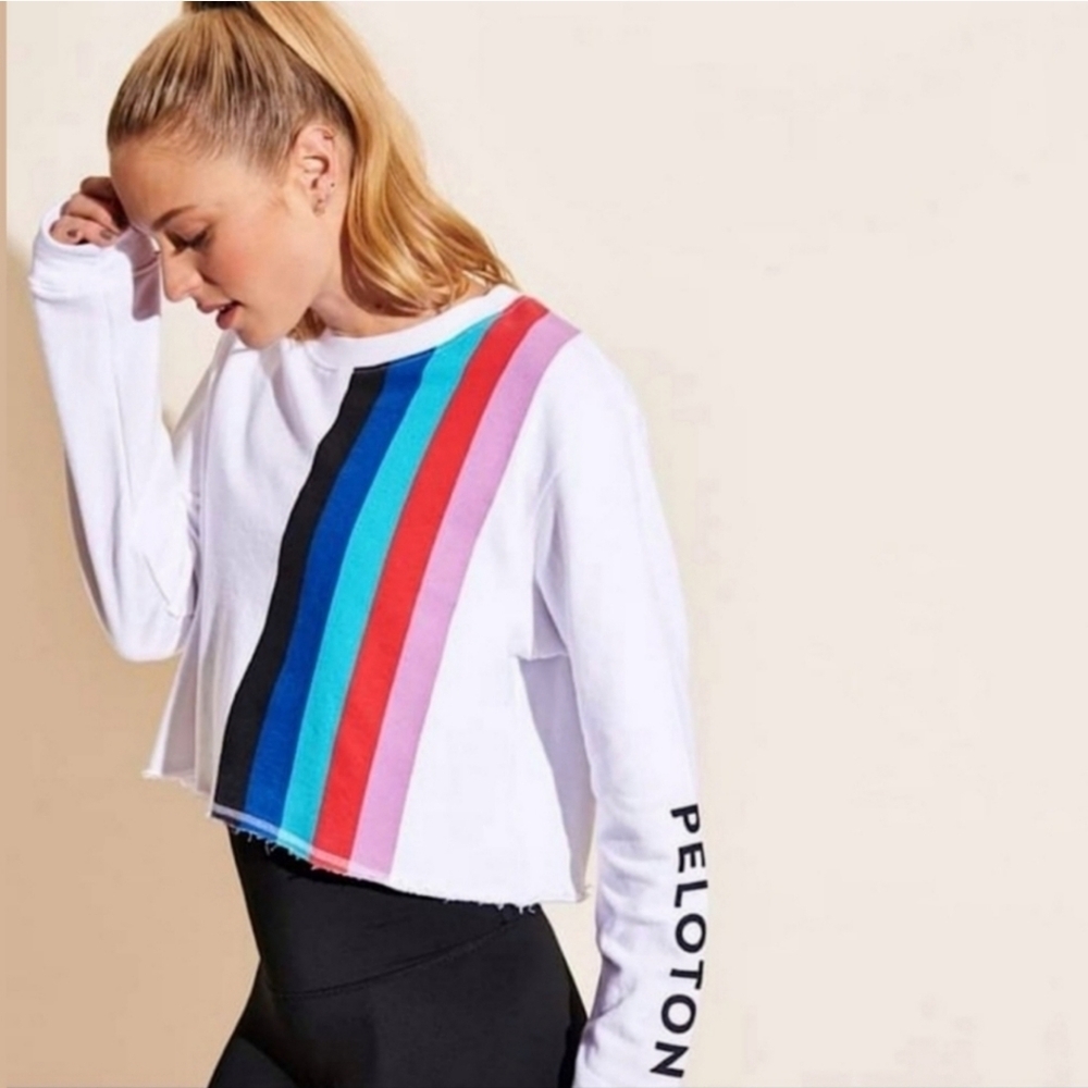 Peloton White Rainbow Striped Graphic Logo Cropped Crewneck Pullover Sweatshirt